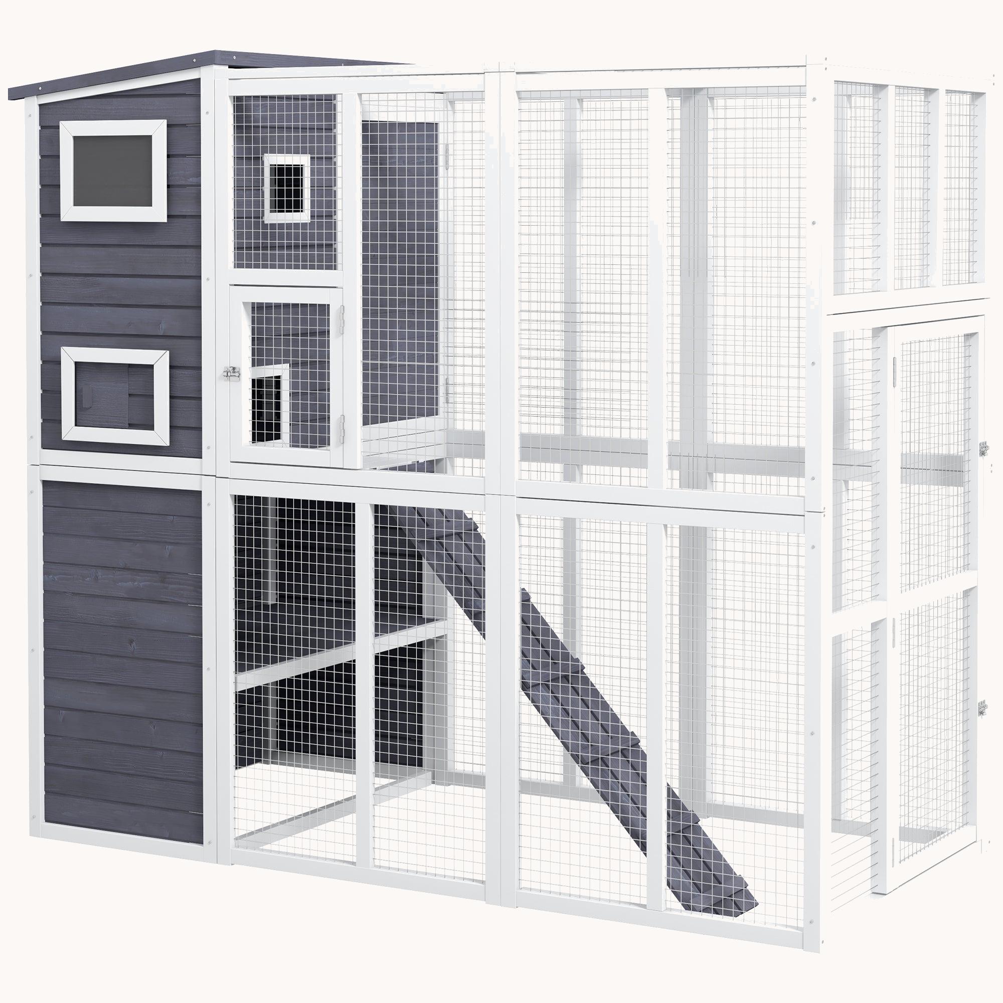 77" Wooden Catio Window Box with Waterproof Roof, Platforms & Ramps, Light Gray