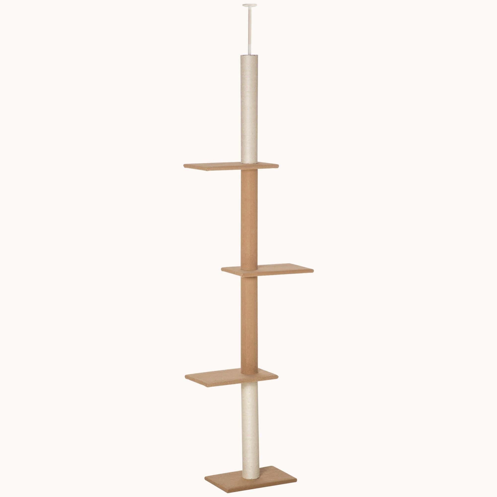 Floor-to-Ceiling Cat Tree Cat Climbing Tower with Sisal-Covered Scratching Posts, Light Brown