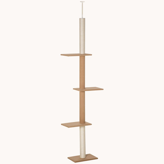 Floor-to-Ceiling Cat Tree Cat Climbing Tower with Sisal-Covered Scratching Posts, Light Brown