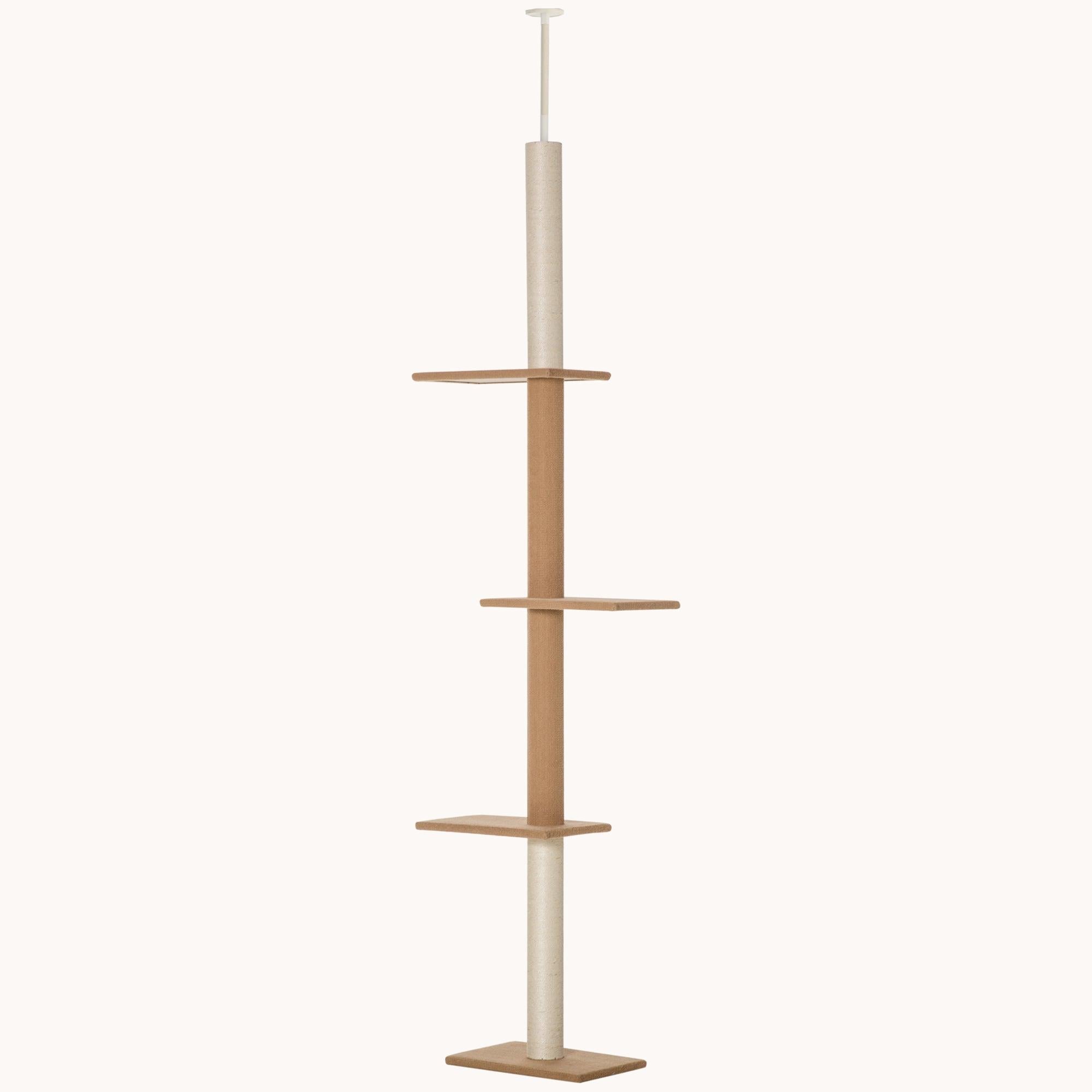 Floor-to-Ceiling Cat Tree Cat Climbing Tower with Sisal-Covered Scratching Posts, Light Brown