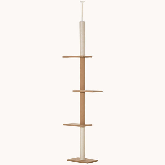 Floor-to-Ceiling Cat Tree Cat Climbing Tower with Sisal-Covered Scratching Posts, Light Brown