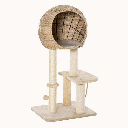 39" H Cat Tree with Sisal Scratching Post Condo and Hanging Rope Beige