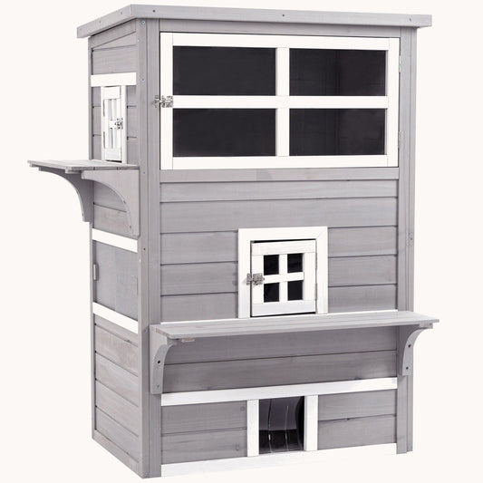 3-Story Cat Shelter with Raised Floor & Asphalt Roo Gray