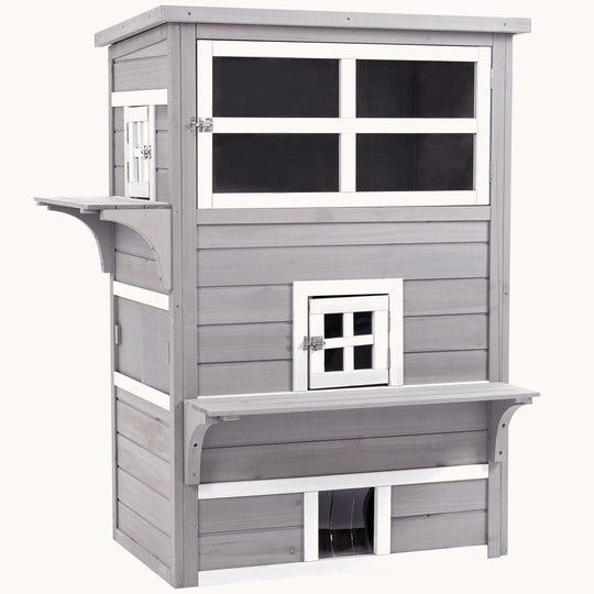 3-Story Cat Shelter with Raised Floor & Asphalt Roo Gray