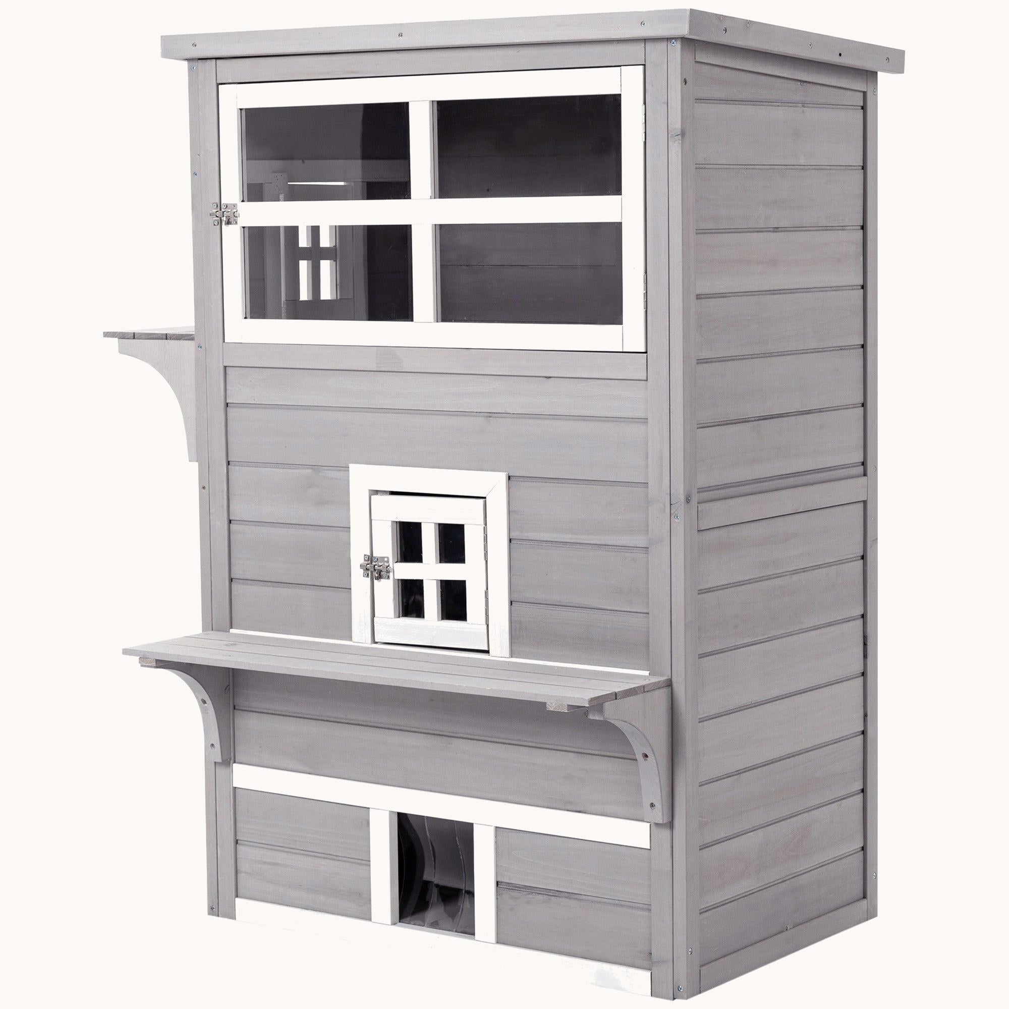 3-Story Cat Shelter with Raised Floor & Asphalt Roo Gray