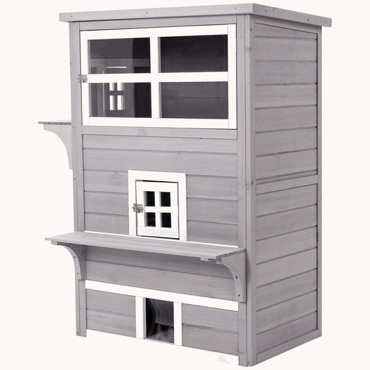 3-Story Cat Shelter with Raised Floor & Asphalt Roo Gray