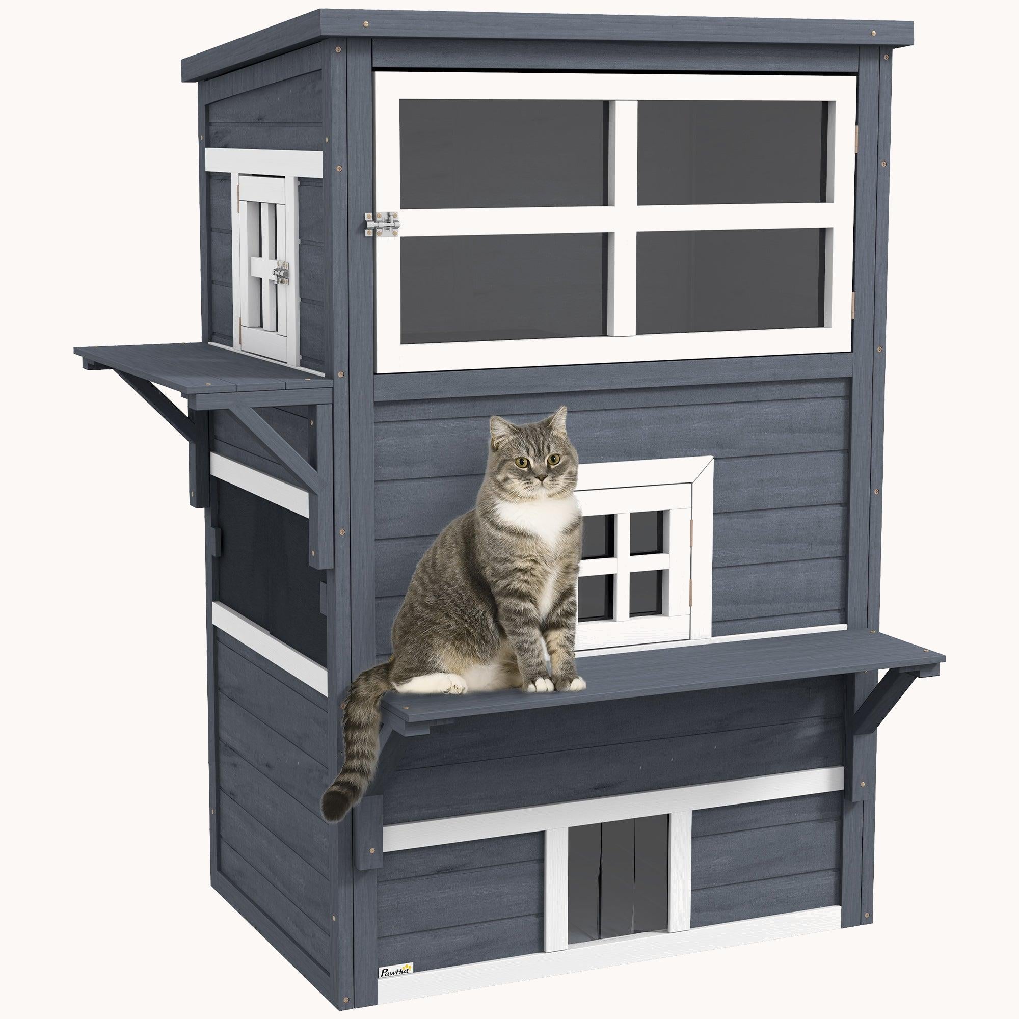 3-Story Cat Shelter with Raised Floor, Asphalt Roof, Escape Doors & Platforms, Dark Gray