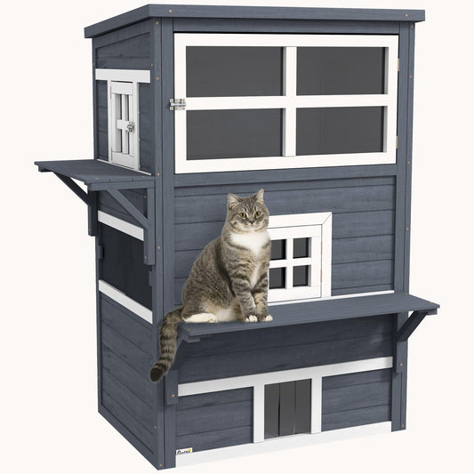 3-Story Cat Shelter with Raised Floor, Asphalt Roof, Escape Doors & Platforms, Dark Gray