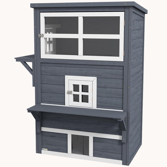 3-Story Cat Shelter with Raised Floor, Asphalt Roof, Escape Doors & Platforms, Dark Gray