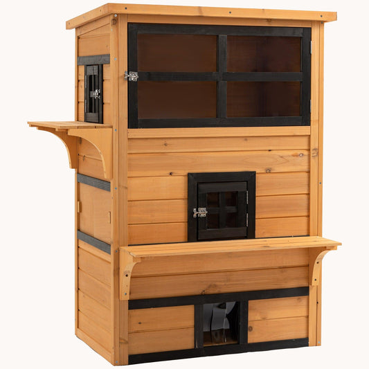 3-Story Cat Shelter with Raised Floor, Asphalt Roof, Escape Doors & Platforms, Yellow