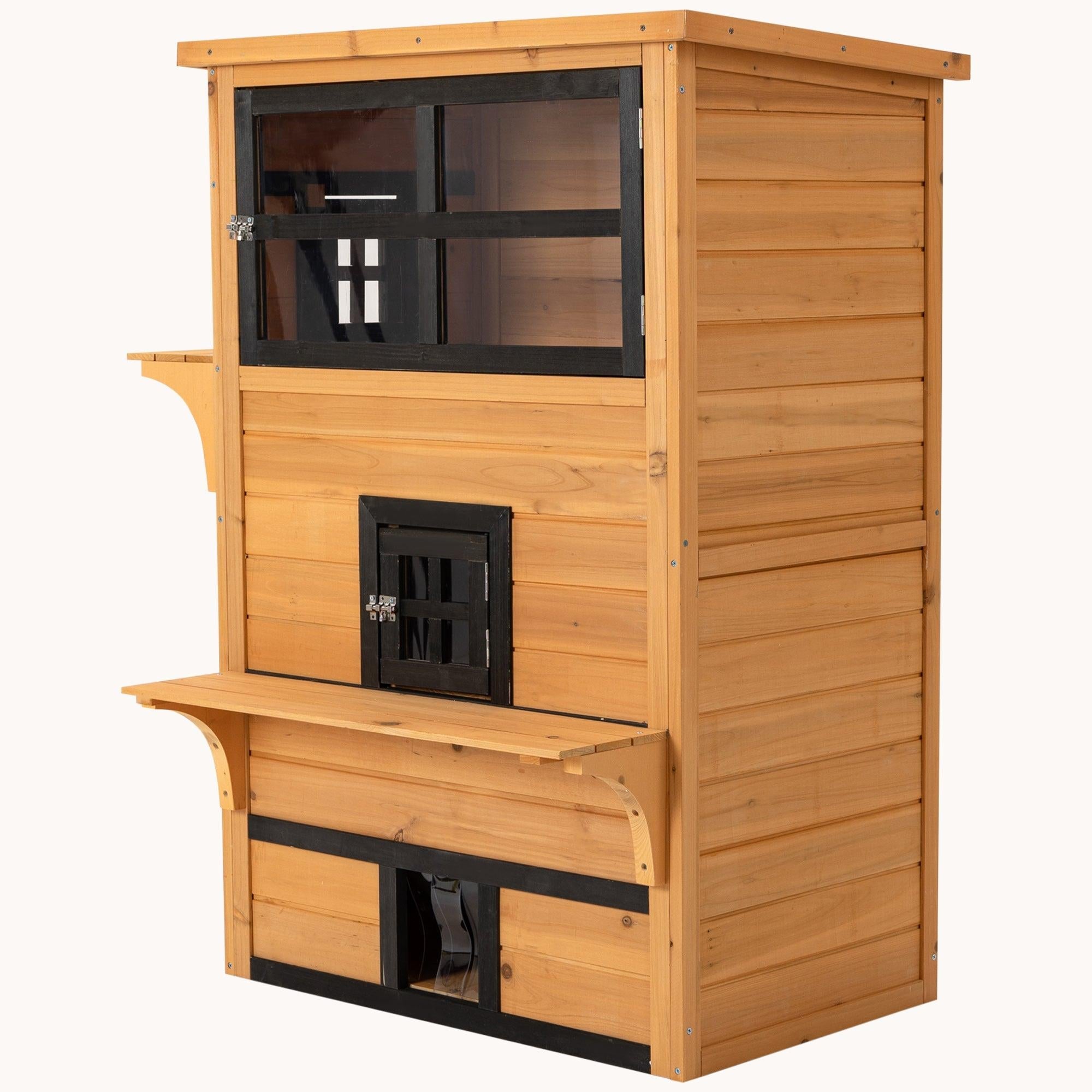 3-Story Cat Shelter with Raised Floor, Asphalt Roof, Escape Doors & Platforms, Yellow