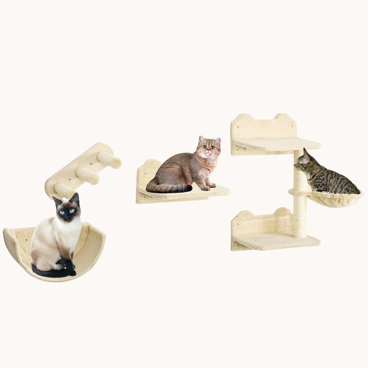 4-Piece Cat Wall Shelves with 3 Steps, Hammock, Perches & Scratching Post, Beige
