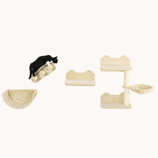 4-Piece Cat Wall Shelves with 3 Steps, Hammock, Perches & Scratching Post, Beige