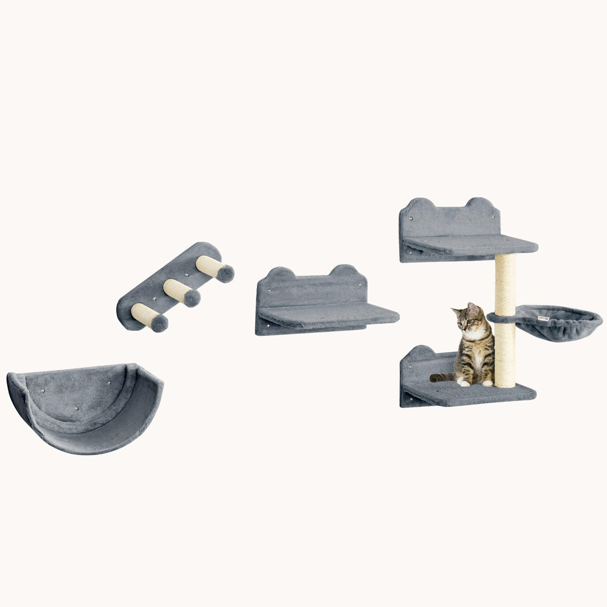 4-Piece Cat Wall Shelves with 3 Steps, Hammock, Perches & Scratching Post, Gray