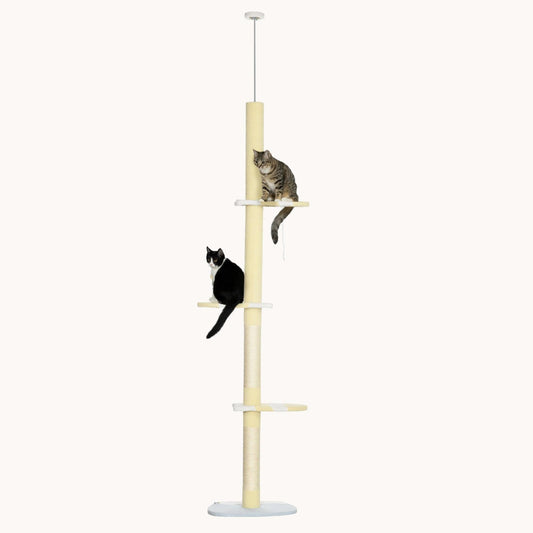 87"-103" Adjustable Cat Tree with Plush Perches & Scratching Posts, 4-Tier Cat Tower, Yellow