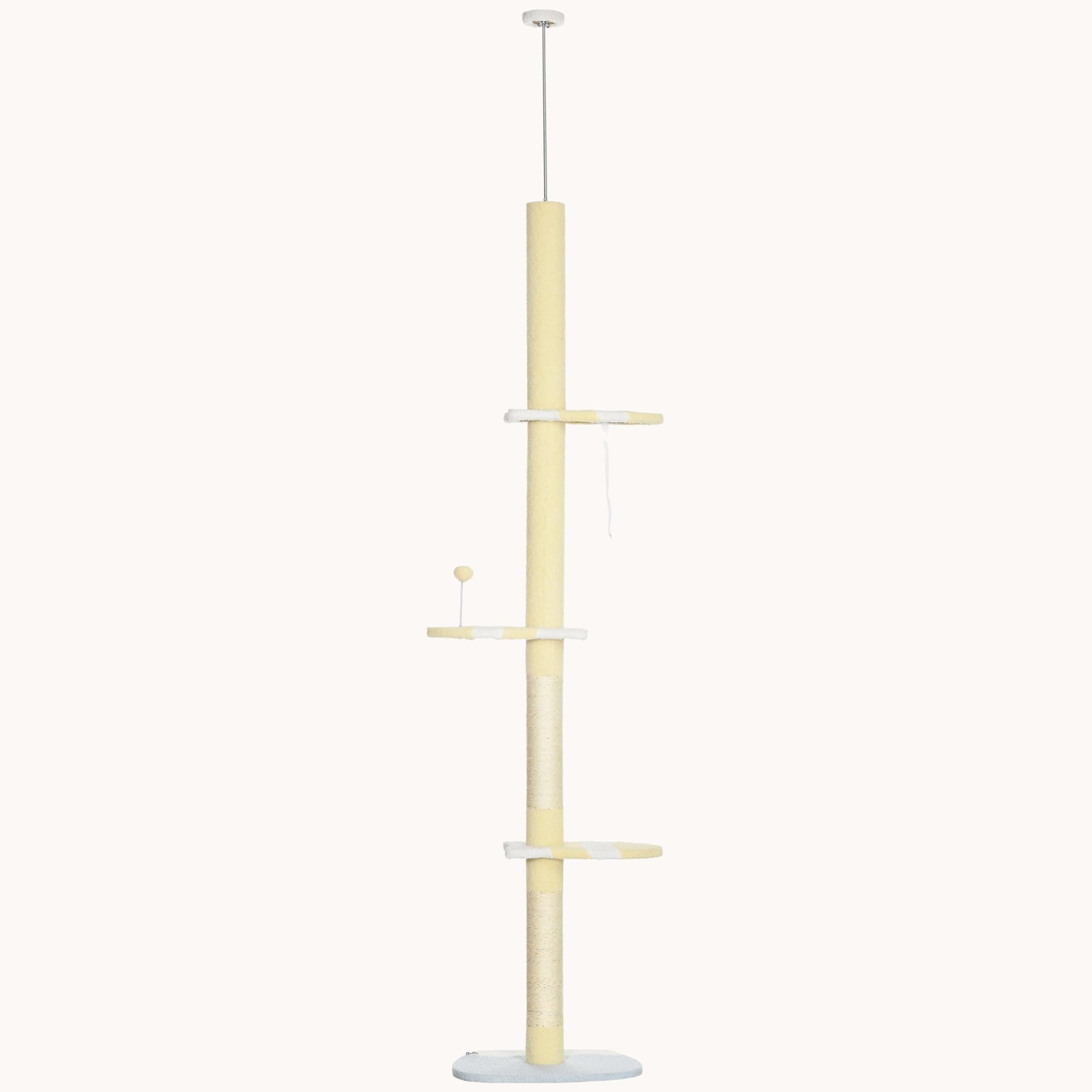 87"-103" Adjustable Cat Tree with Plush Perches & Scratching Posts, 4-Tier Cat Tower, Yellow