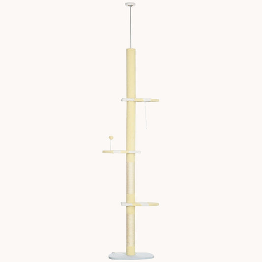 87"-103" Adjustable Cat Tree with Plush Perches & Scratching Posts, 4-Tier Cat Tower, Yellow