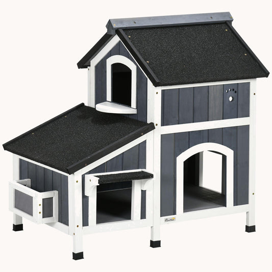 Outdoor Cat House with Weather-resistant Roof, Multiple Entrances & Garden Bed Gray