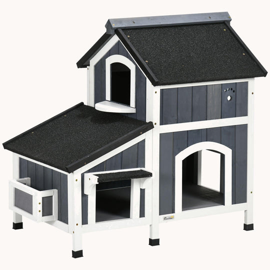Outdoor Cat House with Weather-resistant Roof, Multiple Entrances & Garden Bed Gray