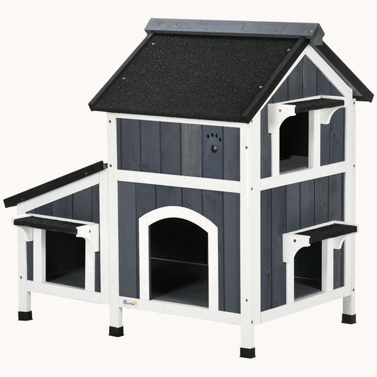 Outdoor Cat House with Weather-resistant Roof, Multiple Entrances & Garden Bed Gray