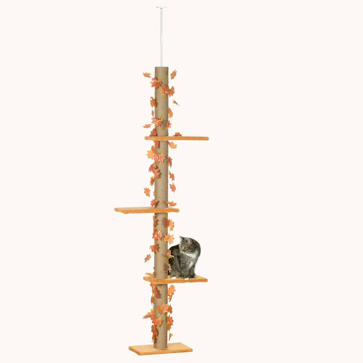 80"-95" Adjustable Cat Tree with 3 Levels, Scratching Posts & Leaf Platforms, Orange