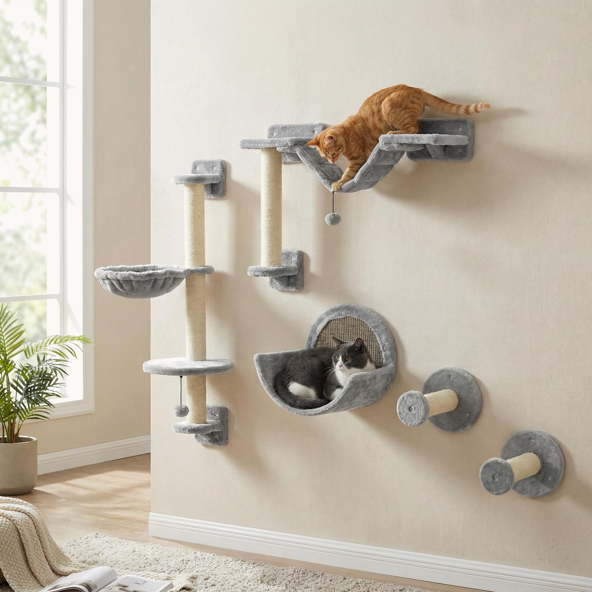 5-Piece Wall-Mounted Cat Shelves with Hammock, Perches, Ladder & Scratching Posts, Gray