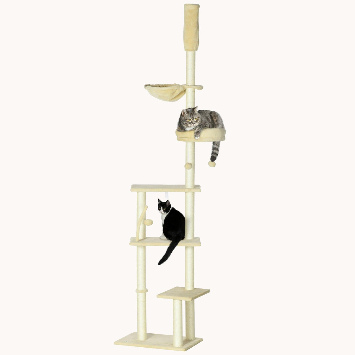 90.5" - 98.5" Adjustable Cat Tower with Multi-Level Platforms, Scratching Posts & Bed, Beige