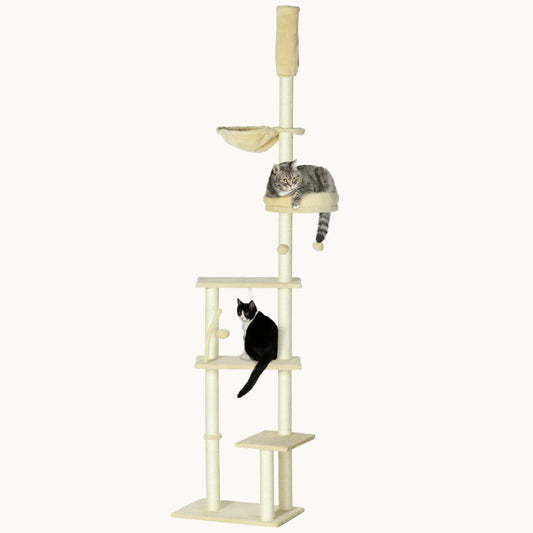 90.5" - 98.5" Adjustable Cat Tower with Multi-Level Platforms, Scratching Posts & Bed, Beige