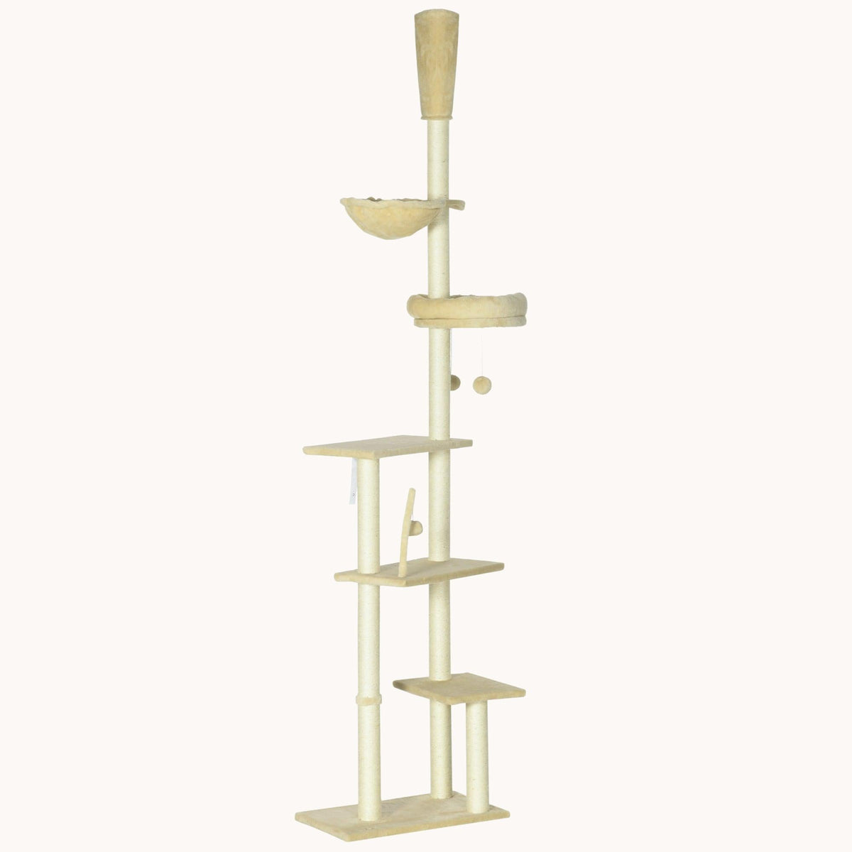 90.5" - 98.5" Adjustable Cat Tower with Multi-Level Platforms, Scratching Posts & Bed, Beige