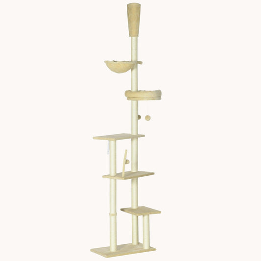 90.5" - 98.5" Adjustable Cat Tower with Multi-Level Platforms, Scratching Posts & Bed, Beige