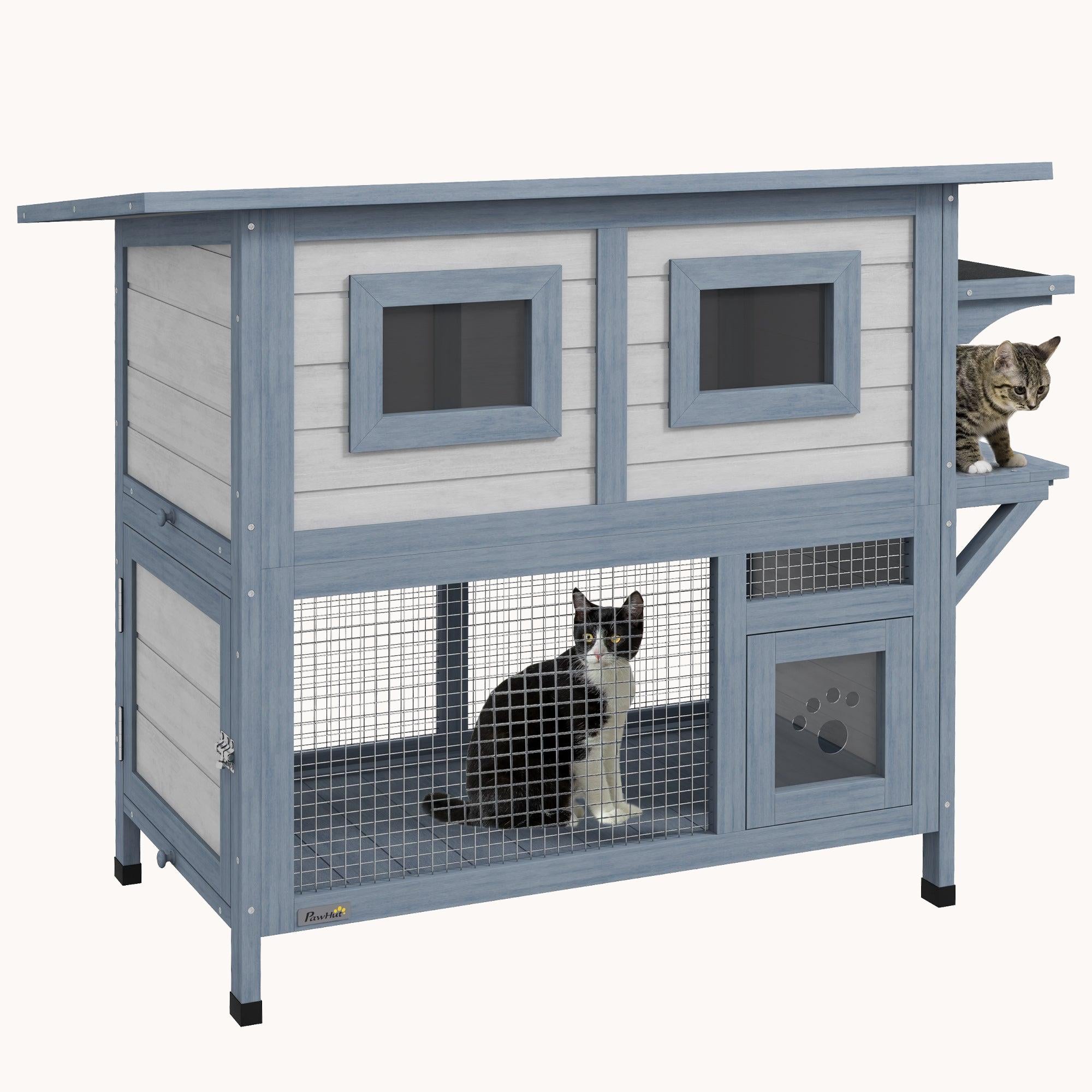 2-Tier Weatherproof Outdoor Cat Shelter with Escape Door & Asphalt Roof, Light Gray
