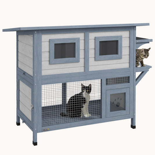 2-Tier Weatherproof Outdoor Cat Shelter with Escape Door & Asphalt Roof, Light Gray