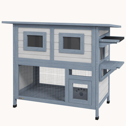 2-Tier Weatherproof Outdoor Cat Shelter with Escape Door & Asphalt Roof, Light Gray