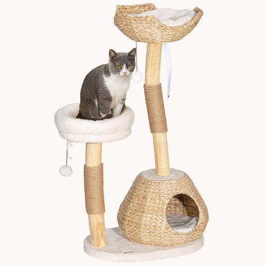 Nestique 41" Cat Tower with 2 Real Branch Scratching Posts Cream White