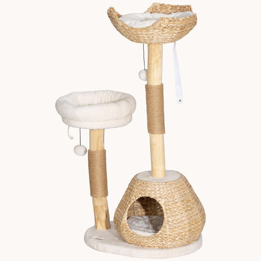 Nestique 41" Cat Tower with 2 Real Branch Scratching Posts Cream White