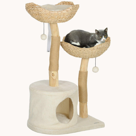 Nestique 37" Cat Tower with 2 Real Branch Scratching Posts Cream White