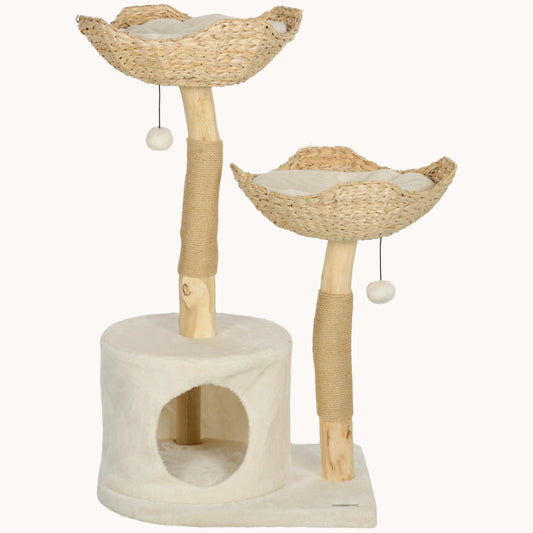 Nestique 37" Cat Tower with 2 Real Branch Scratching Posts Cream White