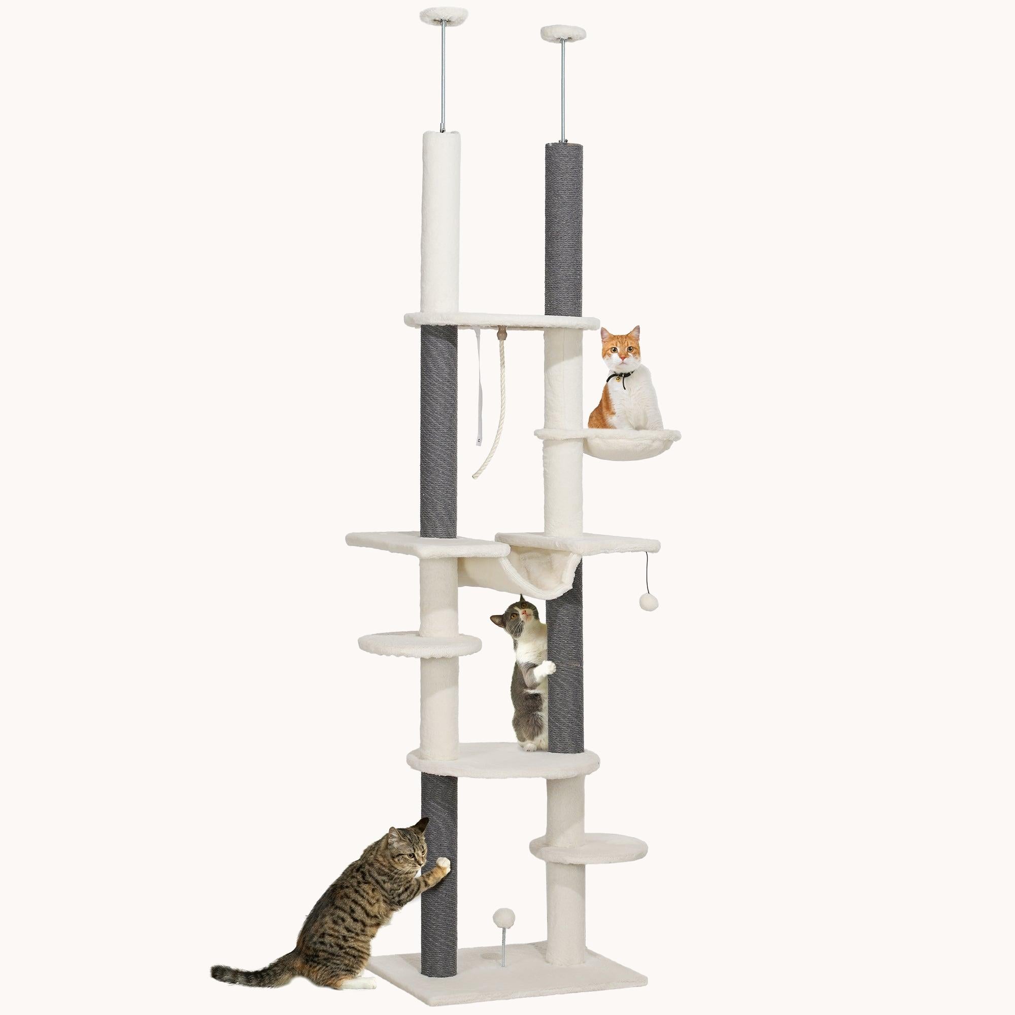 Cat Tree Tower with Scratching Posts, Hammock & Perches, Adjustable Height, White