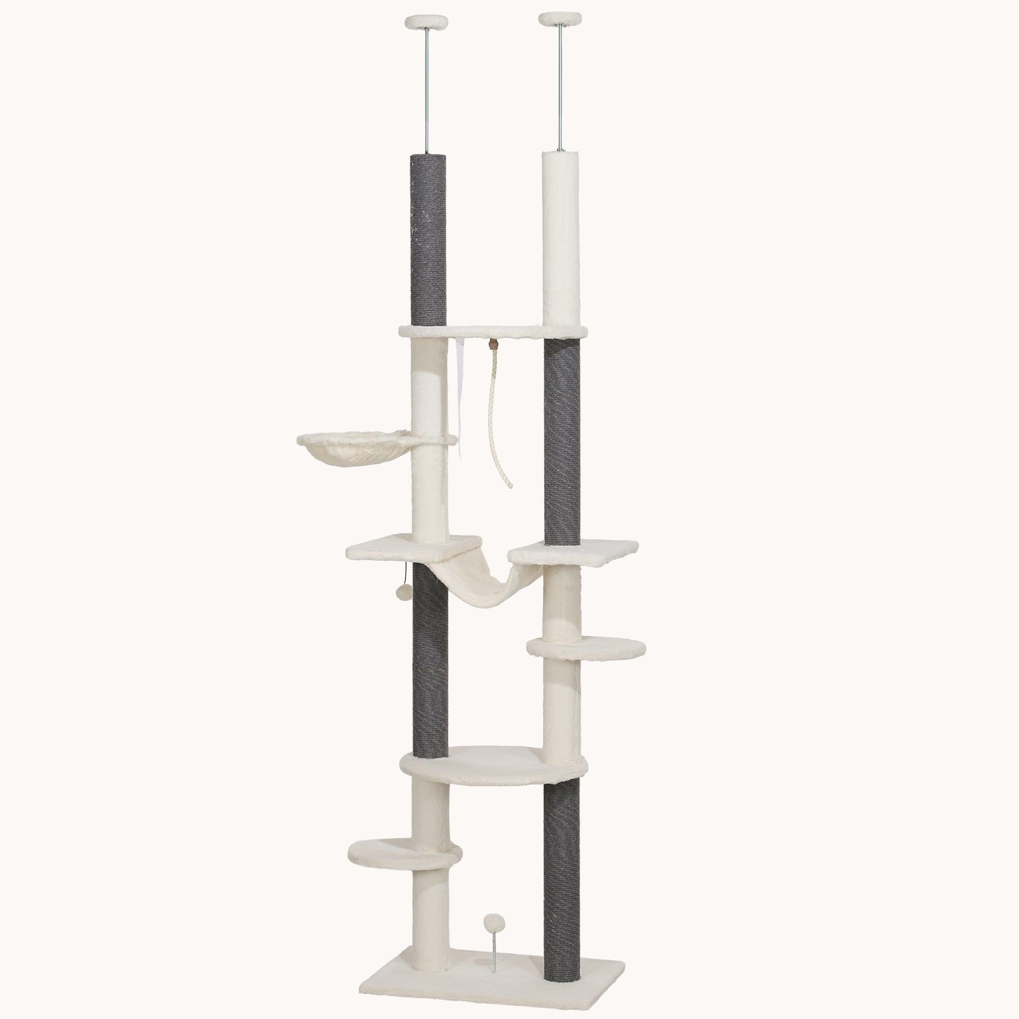 Cat Tree Tower with Scratching Posts, Hammock & Perches, Adjustable Height, White