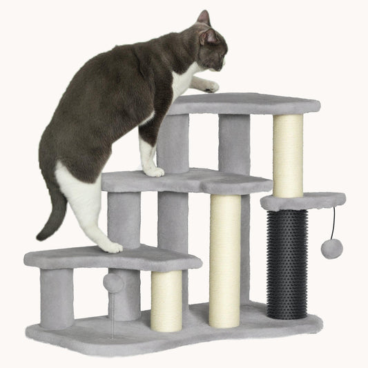 2-in-1 Plush Cat Tree & Stairs with Scratching Posts and Toys Light Gray