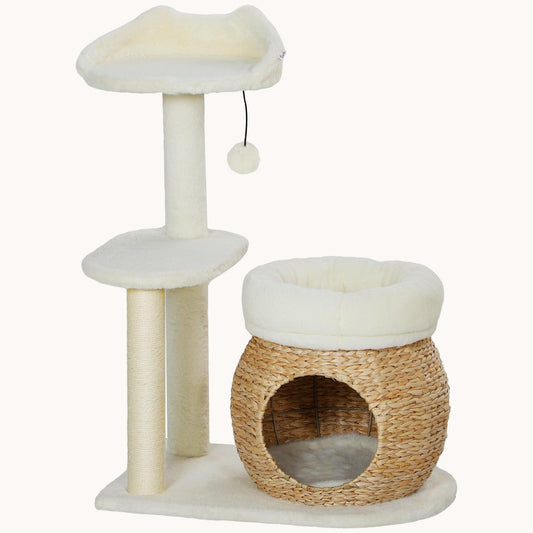 31-Inch Multi-Level Cat Tower with Sisal Posts, Condo, Bed & Toys in Cream White
