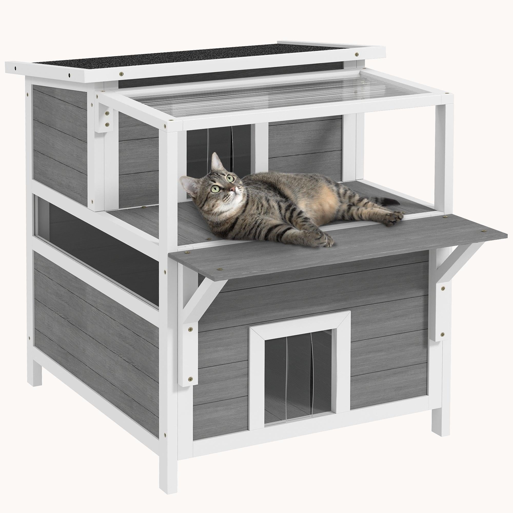 2-Story Cat House with  Balcony & Removable Floor Light Gray