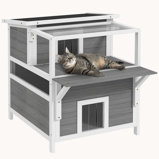 2-Story Cat House with  Balcony & Removable Floor Light Gray