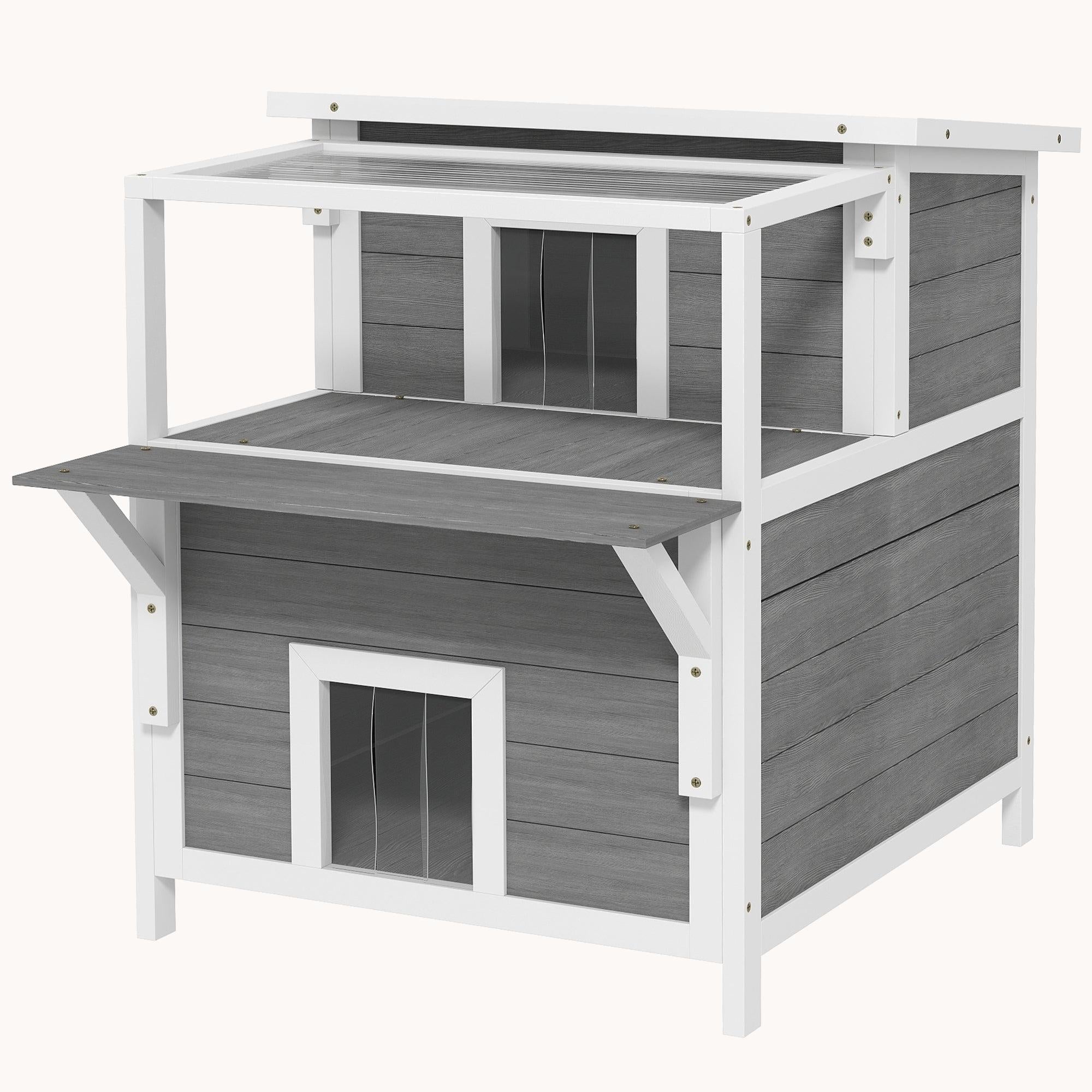 2-Story Cat House with  Balcony & Removable Floor Light Gray