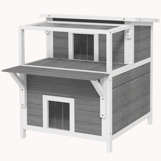 2-Story Cat House with  Balcony & Removable Floor Light Gray