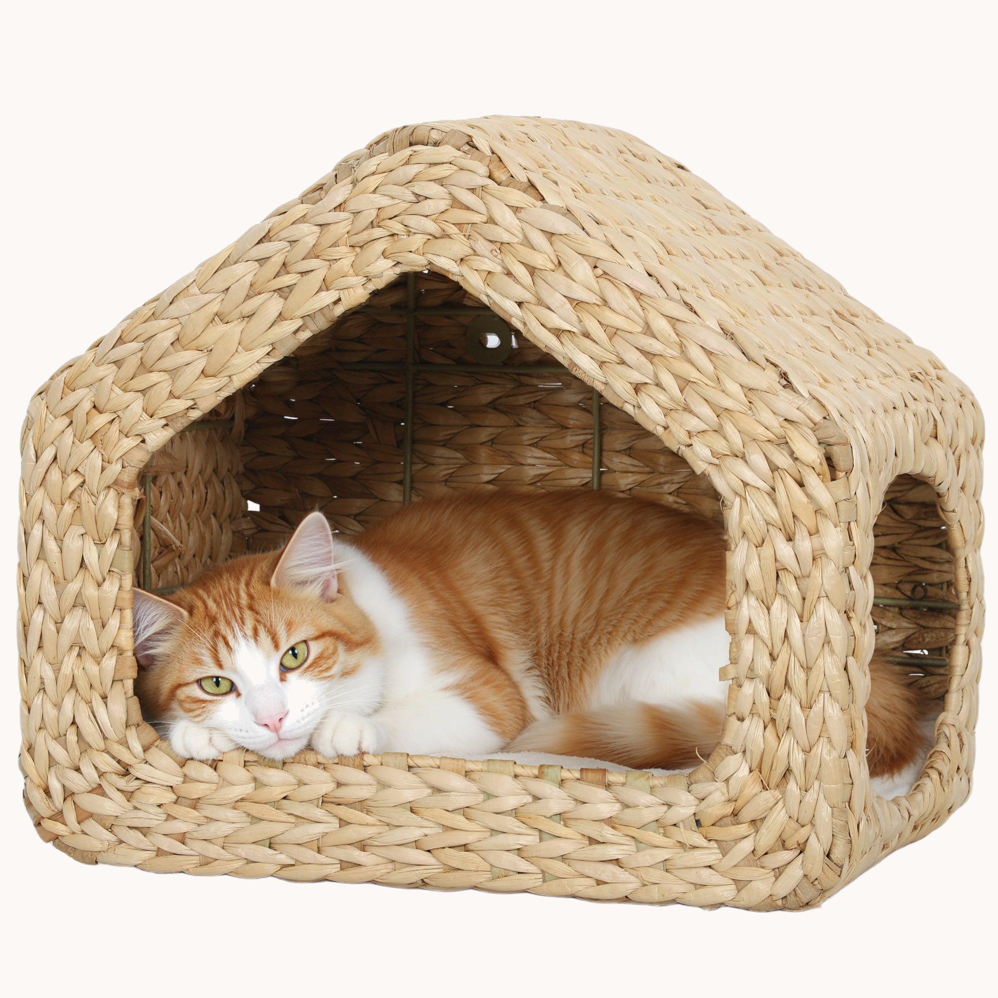 Seagrass Boho Wall-Mounted Cat House with Washable Cushion
