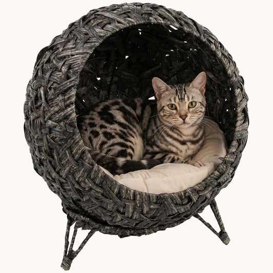 Elevated Handwoven Rattan Cat Bed with Soft Cushion and Metal Base Gray