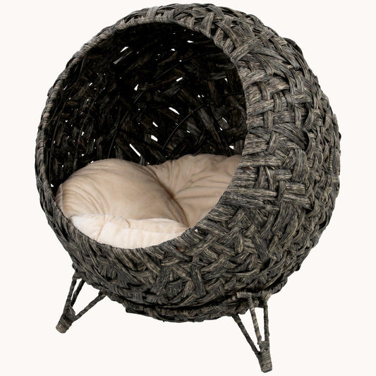 Elevated Handwoven Rattan Cat Bed with Soft Cushion and Metal Base Gray