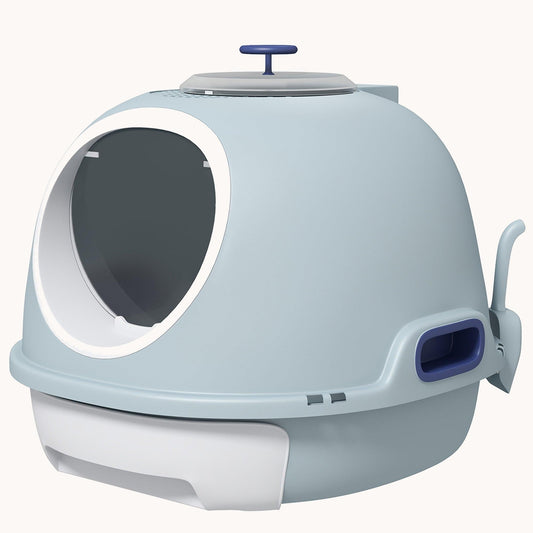 Covered Cat Litter Box with Skylight & Enclosed Scoop Drawer, Easy to Clean, Blue