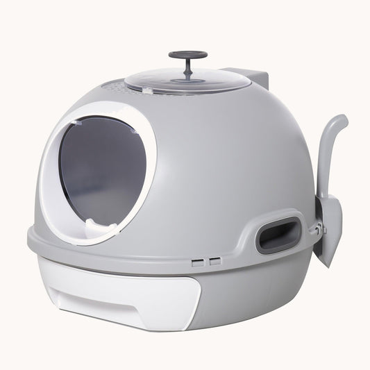 Covered Cat Litter Box with Skylight & Enclosed Scoop Drawer Gray